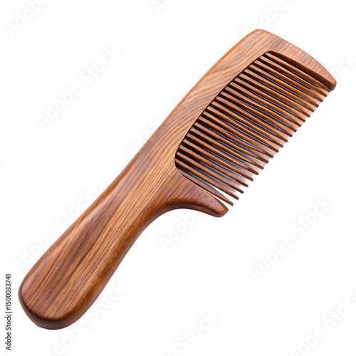 Brown wooden comb with handle isolated on white background