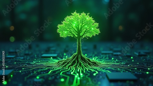 A glowing green tree with intricate roots, set against a dark digital background.