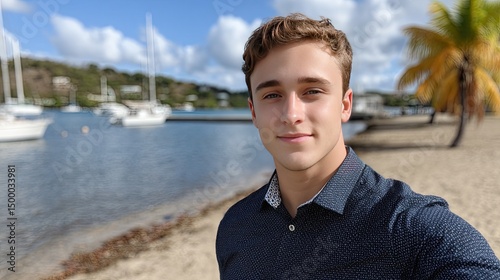 A young man takes a selfie on a beach with sailboats and palm trees behind him, capturing a sunny day