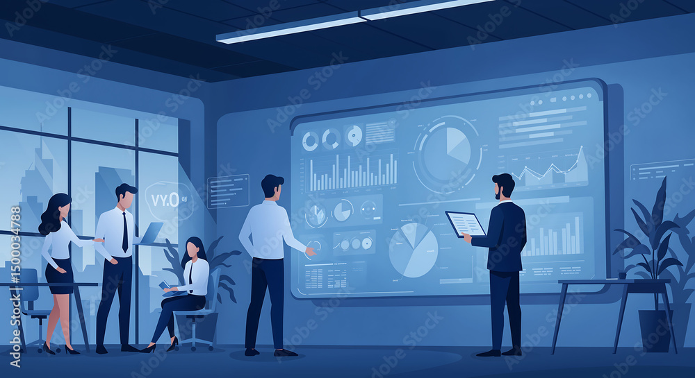 Fototapeta premium Business Team Analyzing Data on Digital Dashboard – Flat Vector Design