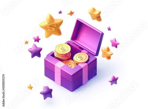 3D gift box overflowing with golden coins and stars.  A celebratory, prize-filled present