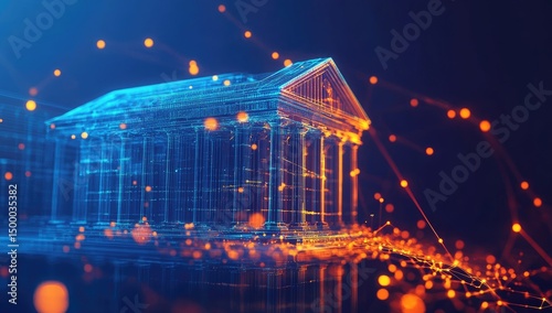 Ancient building, digital rendering, glowing lines, abstract