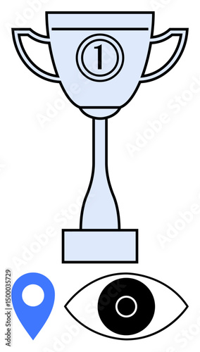 Trophy with number one medal symbolizing success, blue location pin for focus, and black eye icon depicting vision. Ideal for leadership, goal-setting, competition, focus, guidance, recognition