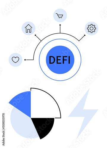 Circular DEFI element connects to icons for home, shopping, settings, and heart. Pie chart illustrates data analysis. Lightning bolt suggests energy, innovation. Ideal for fintech, economy