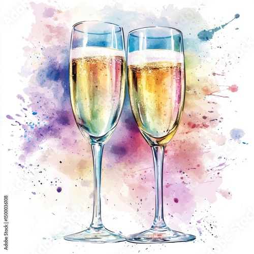 Two champagne flutes, full of bubbly, against a vibrant watercolor backdrop