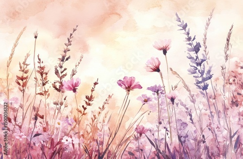 Watercolor field of wildflowers, soft pastel colors