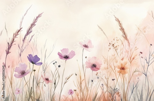 Watercolor field of pastel flowers and grasses. Soft, delicate floral illustration in muted pinks, purples, and browns