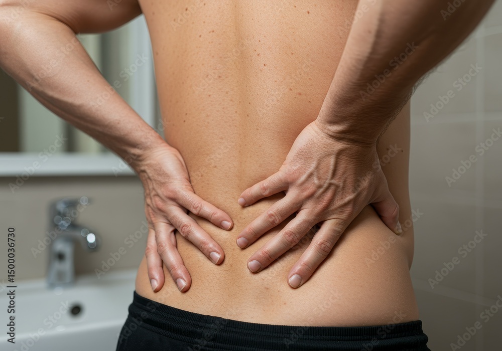 Individual experiencing lower back pain while standing in a bathroom with modern fixtures and lighting Individual experiencing lower back pain while standing in a bathroom with modern fixtures and lighting