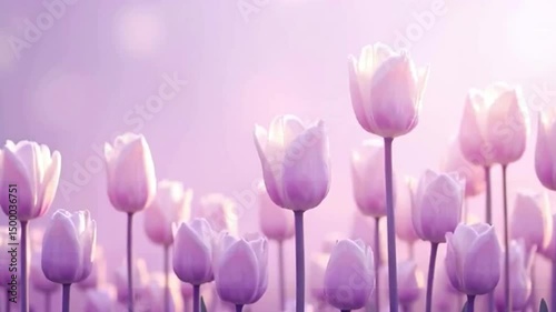 Blooming Tulips in Gentle Light Field of Flowers Close Up