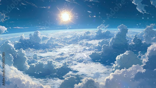 Vast clouds blanket Earth, sun shining bright above