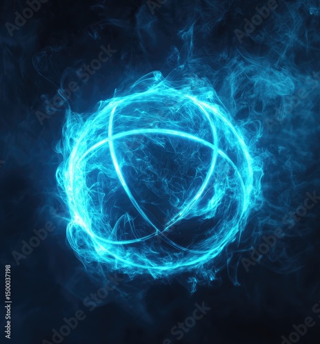 Glowing, light blue sphere with radiating lines in smoky, dark background