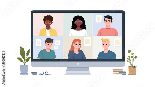 Online meeting with diverse colleagues displayed on a computer monitor during a virtual conference