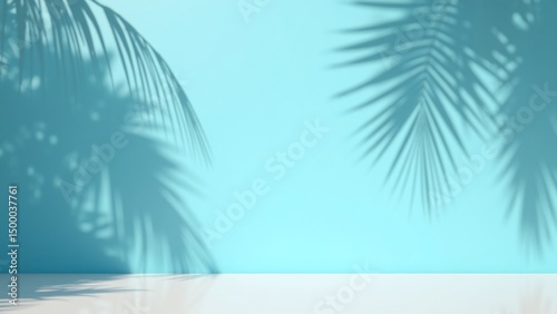 A serene scene with palm leaves casting shadows on a light blue wall.