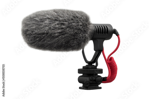Directional microphone with windshield and shock mount on transparent background
