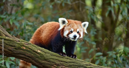 Curious red panda standing on tree branch in natural forest habitat, close-up wildlife shot of rare and adorable mammal