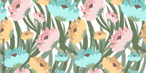 Vibrant Floral Seamless Pattern with Colorful Abstract Blooms. Bright Flowers Background. Vector Illustration Print