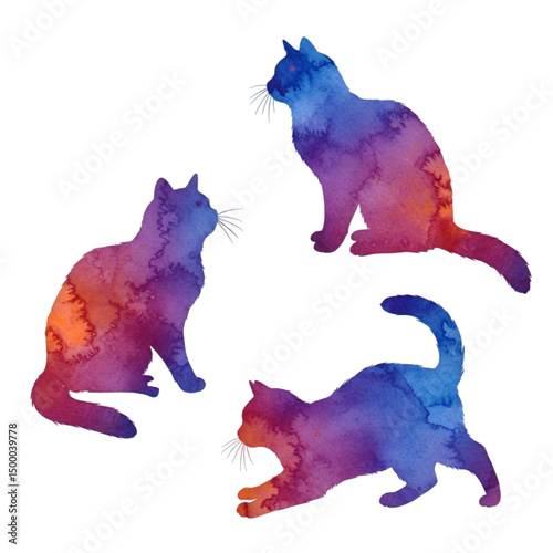 Colorful cat silhouettes watercolor feline art vibrant pet illustration