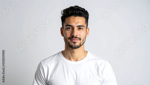 Professional Minimalist Headshot of Young Man in White T-Shirt on Light Background