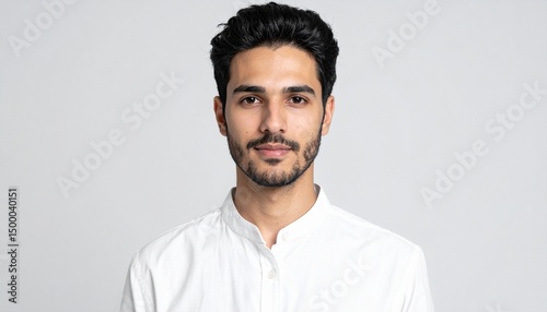 Professional Minimalist Headshot of Young Man in White T-Shirt on Light Background