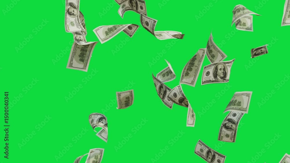 3D dollars note falling down animation video. Money Raining for transparent alpha channel 4k video. 