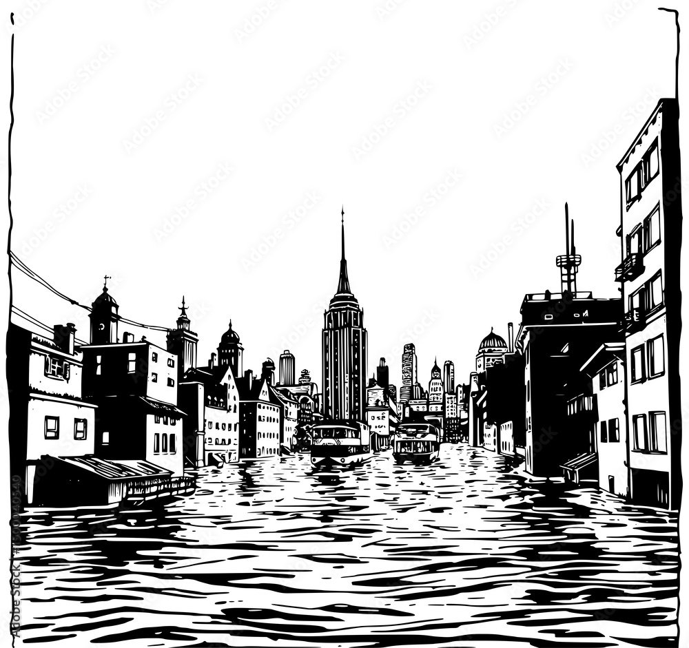 Fototapeta premium City in Crisis: A dramatic monochrome illustration captures the city's vulnerability to rising water levels. Towers and buildings reflect a scene of environmental consequence.