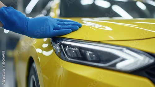 Sparkling clean, yellow car detailing with blue gloves for a pristine finish gleaming