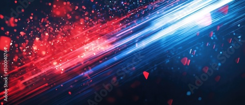 Abstract clash of vibrant red and blue light streaks with scattered particles