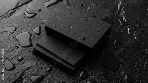 Sleek black business cards with droplet textures arranged on textured black background