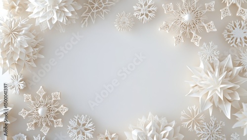Elegant white paper snowflakes create a frame