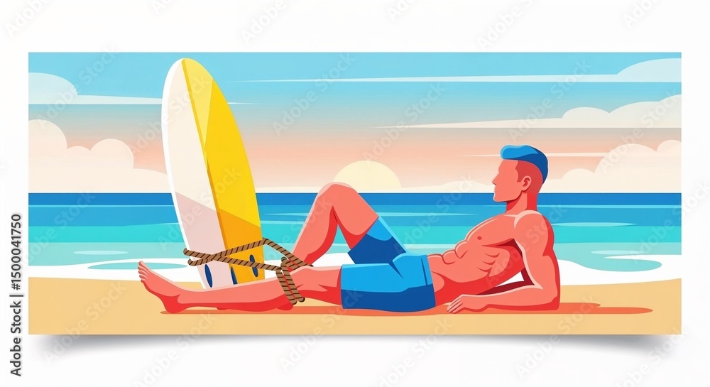 Obraz premium Young man relaxing on beach with surfboard during sunset