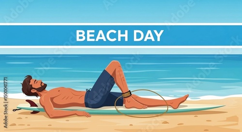 Young man relaxing on surfboard at the beach during sunny day 