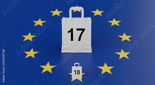 Shopping bag with numbers 17 and 18 on European Union flag background  