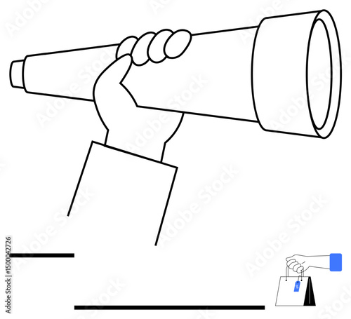 Hand gripping a telescope for exploration paired with a hand placing a tag in a shopping bag. Ideal for discovery, vision, perspective, commerce, consumer behavior, opportunity, flat simple metaphor