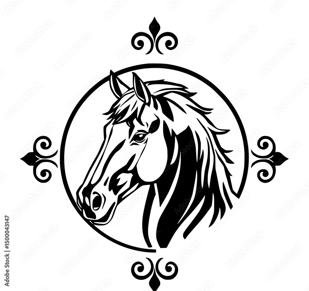 Fototapeta premium Elegant Horse Portrait: A striking black and white portrait of a horse, framed within a classic, circular emblem, is a testament to the animal's grace, elegance, and strength.