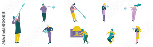 People Characters Glass Blower Inflating Molten Glass into Bubble Vector Set