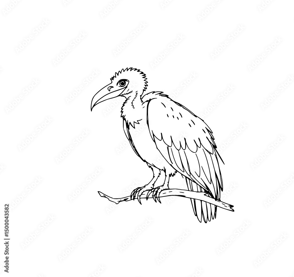 Obraz premium Perched Vulture Drawing: A detailed drawing of a vulture perched on a branch, featuring intricate feather detail and a focused gaze.