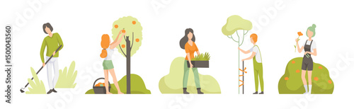 People Character Garden Worker Cultivating Crop Vector Set