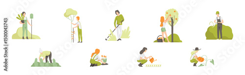 People Character Garden Worker Cultivating Crop Vector Set
