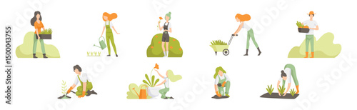 People Character Garden Worker Cultivating Crop Vector Set
