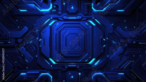 Dark blue, intricate, glowing, circuit-board-like pattern