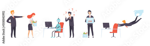 People Character Searching for Job and Office Work Vector Set
