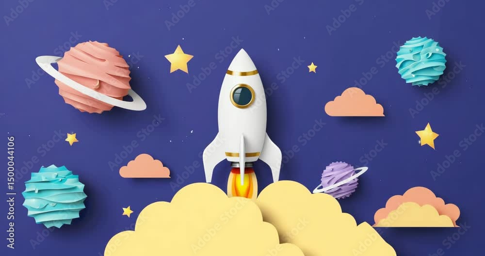 Creative cartoon-style rocket launching in colorful space scene with planets, paper cutout design for kids education