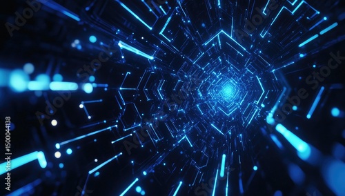 Neon blue lines tunnel,  tech,  dark background