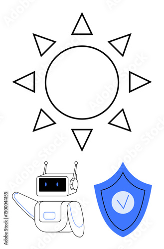 AI robot waving, shield with check mark symbolizing protection, sun illustration symbolizing energy. Ideal for technology, artificial intelligence, innovation, safety, energy, environment simple