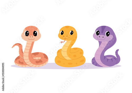 Vector set of three cute snakes in childish cartoon style.
