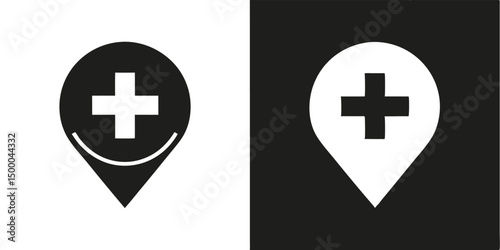 Black and white vector illustration of a cross, a medical aid symbol or plus sign for hospital and first aid