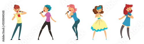 Man and Woman Singers with Microphones Performing on Stage Vector Set