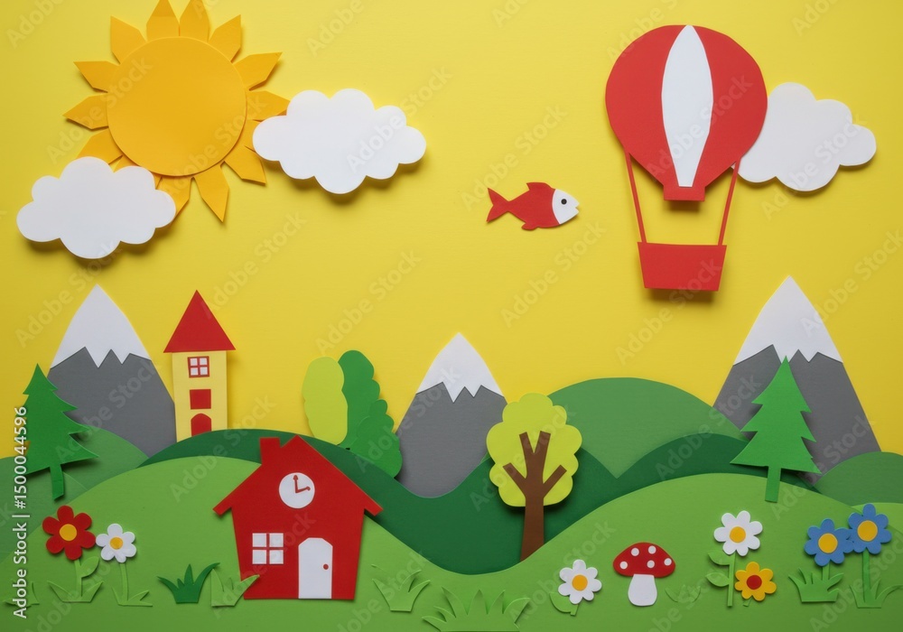 Naklejka premium Cheerful paper craft scene with houses mountains and hot air balloon