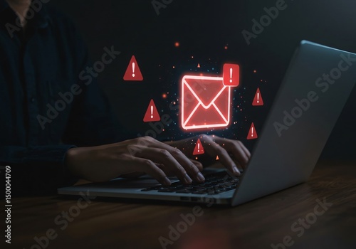 Email spam warning on laptop, cyber security threat alert