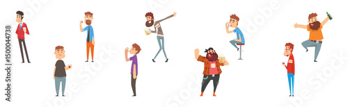 Man with Alcohol Drinking Spirits Relax at Bar Vector Set